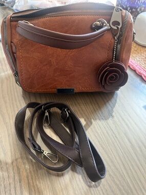 Brown Floral Charm Crossbody Bag - Women leather